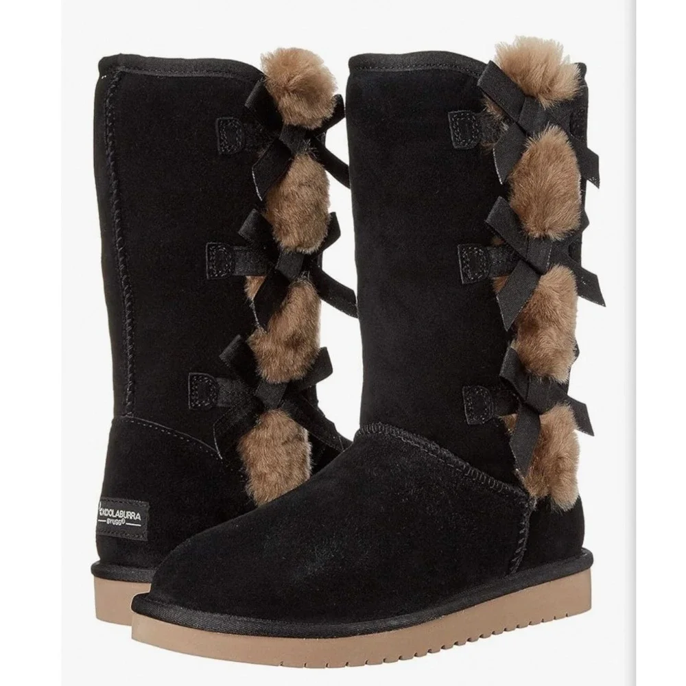 Koolaburra by UGG Victoria Tall Boot Womens 6 Black NEW Bow Pom Pom 1015875